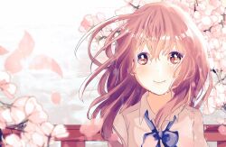 Rule 34 | 1girl, bad id, bad pixiv id, blue bow, blue bowtie, bow, bowtie, bridge, brown eyes, brown hair, cherry blossoms, closed mouth, collared shirt, highres, koe no katachi, long hair, looking at viewer, new gnsn, nishimiya shouko, outdoors, petals, school uniform, shirt, smile, solo, upper body, white shirt
