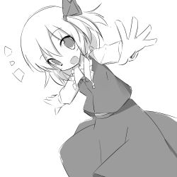 Rule 34 | 1girl, ^^^, dutch angle, embodiment of scarlet devil, fang, female focus, greyscale, hair ribbon, miko machi, monochrome, outstretched arms, ribbon, rumia, sketch, skirt, solo, spread arms, touhou, white background
