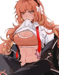 Rule 34 | 1girl, black hairband, black jacket, blush, body freckles, bow, breasts, cleavage, clothes in mouth, clothes lift, collared shirt, commentary, curly hair, english commentary, freckles, green eyes, hairband, highres, indian style, ishmael (project moon), jacket, jenn (perfgimm), large breasts, lifting own clothes, limbus company, long hair, long sleeves, looking at viewer, mouth hold, navel, necktie, off shoulder, orange hair, orange sports bra, project moon, red necktie, scar, scar on stomach, shirt, shirt in mouth, shirt lift, simple background, sitting, solo, sports bra, stomach tattoo, tattoo, toned, undone necktie, very long hair, white background, white bow, white shirt