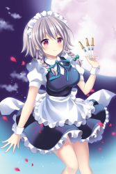 Rule 34 | 1girl, apron, bad id, bad pixiv id, between fingers, blush, bow, braid, breasts, commentary request, cowboy shot, frilled apron, frills, green bow, green ribbon, hair bow, holding, holding knife, izayoi sakuya, knife, knives between fingers, maid, maid apron, maid headdress, mayo (miyusa), medium breasts, moon, neck ribbon, night, night sky, petticoat, puffy short sleeves, puffy sleeves, purple eyes, revision, ribbon, short sleeves, silver hair, sky, smile, solo, thighs, touhou, twin braids, wrist cuffs
