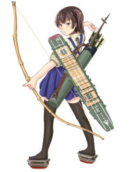 Rule 34 | &gt;:/, 10s, 1girl, :/, arrow (projectile), bad id, bad pixiv id, black thighhighs, bow (weapon), brown eyes, brown hair, flight deck, from behind, full body, holding, kaga (kancolle), kantai collection, kuro-hero, looking at viewer, pleated skirt, quiver, side ponytail, simple background, skirt, solo, standing, tasuki, thighhighs, v-shaped eyebrows, weapon, white background, zettai ryouiki
