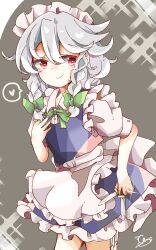 Rule 34 | 1girl, apron, blue vest, bow, bowtie, braid, frilled skirt, frills, green bow, green bowtie, hair bow, heart, highres, izayoi sakuya, looking to the side, maid, maid apron, maid headdress, one-hour drawing challenge, red eyes, shirt, short sleeves, skirt, smile, solo, speech bubble, touhou, tsumurikoto, twin braids, vest, waist apron, white apron, white headwear, white shirt