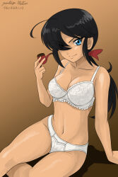 Rule 34 | 1girl, black hair, blue eyes, bra, breasts, cleavage, closed mouth, collarbone, girls und panzer, hair over one eye, large breasts, lingerie, long hair, looking at viewer, matsui yasutsugu, navel, ogin (girls und panzer), orange background, panties, ponytail, signature, simple background, smile, smoking pipe, solo, underwear, underwear only, white bra, white panties