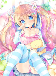 Rule 34 | 1girl, ahoge, animal ears, animal hood, aqua skirt, bad id, bad pixiv id, black choker, blonde hair, blue eyes, blue jacket, blush, bow, bow bra, bra, breasts, cameltoe, choker, cleavage, commentary request, fake animal ears, feet out of frame, fingernails, flower, green bow, hair between eyes, hair bow, hair flower, hair ornament, hairclip, hand up, head tilt, highres, hood, hood up, hooded jacket, hugging object, jacket, knees up, medium breasts, mikeou, navel, open clothes, open jacket, original, panties, parted lips, pink bow, pink bra, pink panties, plaid, plaid skirt, sitting, skirt, solo, striped clothes, striped thighhighs, stuffed animal, stuffed toy, thighhighs, twintails, underwear, white flower