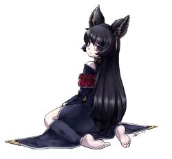 Rule 34 | 1girl, :/, animal ears, bags under eyes, bare shoulders, black hair, commentary, dated, english commentary, erune, feet, from behind, full body, granblue fantasy, half-closed eyes, highres, kneeling, long hair, looking at viewer, looking back, nier (granblue fantasy), off shoulder, piercing, red eyes, signature, simple background, sitting, sleeveless, soles, solo, soundog-2031, white background