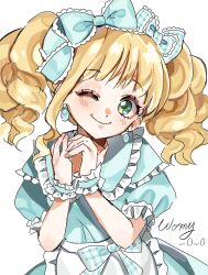 Rule 34 | 1girl, absurdres, apron, aqua bow, aqua dress, aqua wrist cuffs, artist name, bow, dress, earrings, elizabeth ethel cordelia midford, frilled wrist cuffs, frills, green eyes, hair bow, highres, jewelry, kuroshitsuji, light blush, lolita fashion, looking at viewer, one eye closed, own hands together, pink nails, plaid, plaid bow, signature, simple background, smile, twintails, victorian, white background, wormy owo, wrist cuffs