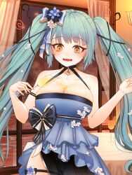 Rule 34 | 1girl, ?, @ @, absurdres, alcohol, blue bow, blue dress, blue hair, blush, bow, breasts, cocktail glass, collarbone, cup, dot nose, dress, drinking glass, drunk, goddess of victory: nikke, hair bow, highres, holding, holding cup, indoors, large breasts, long hair, open mouth, privaty (banquet princess) (nikke), privaty (nikke), sleeveless, sleeveless dress, solo, spilling, standing, twintails, whidlam, yellow eyes