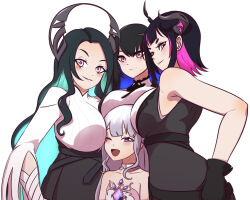 Rule 34 | 4girls, :d, absurdres, aqua hair, aradia ravencroft, bare shoulders, black gloves, black hair, blue hair, breast rest, breasts, breasts on head, chest jewel, colored inner hair, demon girl, gloves, height difference, highres, hololive, hololive english, holykoshi, horns, koseki bijou, koseki bijou (1st costume), large breasts, long hair, malpha ravencroft, mature female, mole, mole under eye, multicolored hair, multiple girls, nerissa ravencroft, one eye closed, open mouth, pink eyes, pink hair, purple eyes, short hair, siblings, simple background, sisters, sleeveless, smile, very long hair, virtual youtuber, white background