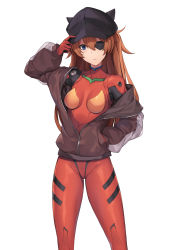 Rule 34 | 1girl, animal hat, arm up, bad id, bad pixiv id, black hat, blue eyes, bodysuit, breasts, brown hair, closed mouth, feet out of frame, gloves, hand in pocket, hand on headwear, hat, highres, jacket, long hair, long sleeves, looking at viewer, medium breasts, neon genesis evangelion, off shoulder, open clothes, open jacket, pak ce, partially unzipped, plugsuit, red bodysuit, red gloves, simple background, solo, souryuu asuka langley, standing, track jacket, two side up, white background