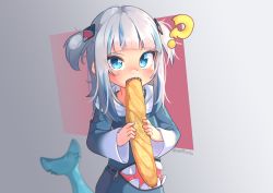 Rule 34 | 1girl, ?, animal costume, baguette, blue eyes, blue hair, blue hoodie, blunt bangs, blush, bread, commentary, fins, fish tail, food, food in mouth, gawr gura, gawr gura (1st costume), hair ornament, highres, holding, hololive, hololive english, hood, hoodie, kiirokuma, long sleeves, looking at viewer, medium hair, multicolored hair, open mouth, shark costume, shark girl, shark tail, sharp teeth, solo, streaked hair, tail, teeth, two-tone hair, two side up, upper body, virtual youtuber, white hair, wide sleeves