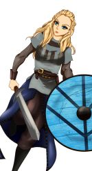 Rule 34 | 1girl, bad id, bad pixiv id, belt, blonde hair, blue eyes, dutch angle, eyebrows, gloria jaurequi, highres, holding, holding shield, holding sword, holding weapon, lagertha, lips, long hair, shield, solo, sword, vikings (history), weapon