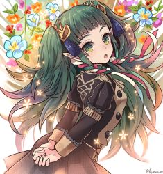 Rule 34 | 1girl, alternate costume, arms behind back, braid, fire emblem, fire emblem: three houses, flower, from side, fujimaru (green sparrow), garreg mach monastery uniform, green eyes, green hair, hair ornament, long hair, long sleeves, looking to the side, nintendo, open mouth, pointy ears, solo, sothis (fire emblem), twin braids, twitter username, uniform