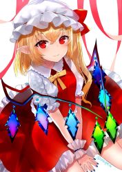 Rule 34 | 1girl, blue nails, blush, bow, breasts, collared shirt, commentary request, crystal, flandre scarlet, frilled skirt, frills, hands on ground, hat, hat ribbon, looking at viewer, mob cap, nail polish, pointy ears, puffy short sleeves, puffy sleeves, red eyes, red ribbon, red skirt, ribbon, sakizaki saki-p, shirt, short sleeves, side ponytail, simple background, sitting, skirt, small breasts, smile, solo, touhou, twitter username, vampire, white background, white hat, wing collar, wings, wrist cuffs, yellow neckwear, yellow ribbon