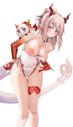 Rule 34 | 1girl, animalization, arknights, arm tattoo, bar censor, bare shoulders, braid, breasts, censored, cleavage, collar, colored skin, detached collar, dragon girl, dragon horns, dragon tail, flame-tipped tail, gradient skin, groin, hair ornament, hair stick, highres, horns, large breasts, leg tattoo, leotard, leotard pull, looking at viewer, multicolored hair, nian (arknights), one breast out, parted lips, pointy ears, purple eyes, pussy, red hair, red horns, red skin, ru zhai, simple background, smile, standing, streaked hair, tail, tattoo, thigh gap, thighs, torn clothes, torn leotard, twin braids, two-tone hair, white background, white collar, white hair, white leotard, wrist cuffs