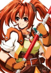 Rule 34 | 1girl, ahoge, akane kazami, antenna hair, breasts, brown gloves, brown hair, cropped jacket, dated, double-parted bangs, eiyuu densetsu, estelle bright, fingerless gloves, gloves, hair between eyes, high collar, highres, holding, holding staff, holding weapon, long hair, red eyes, signature, simple background, sleeves rolled up, small breasts, smile, solo, sora no kiseki, staff, twintails, very long hair, weapon, white background