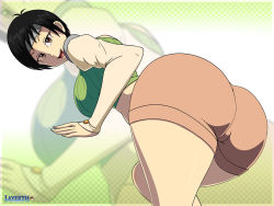 Rule 34 | 1girl, arm warmers, artist name, ass, black hair, breasts, cameltoe, come hither, final fantasy, final fantasy vii, forehead protector, from behind, green eyes, headband, huge ass, large breasts, layerth, leaning, leaning forward, looking at viewer, naughty face, open mouth, shiny skin, short hair, short shorts, shorts, sideboob, smile, solo, square enix, thick thighs, thighs, yuffie kisaragi