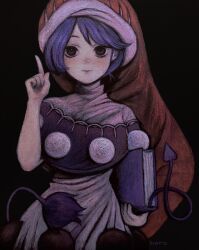 Rule 34 | 1girl, absurdres, black background, blue hair, blush, book, capelet, closed mouth, doremy sweet, dress, hand up, hat, highres, holding, holding book, index finger raised, light smile, looking at viewer, nightcap, pom pom (clothes), short hair, svveetberry, swept bangs, tail, tapir tail, touhou, upper body, white dress