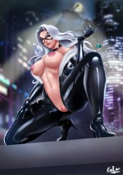 Rule 34 | 1girl, aircraft, artist name, black cat (marvel), blue eyes, bodysuit, breasts, censored, city lights, domino mask, exlic, felicia hardy, fur trim, helicopter, high heels, highres, jewelry, kneeling, large breasts, lipstick, long hair, makeup, marvel, mask, mosaic censoring, navel, necklace, night, nipples, outdoors, pussy, skin tight, solo, spider-man (series), white hair