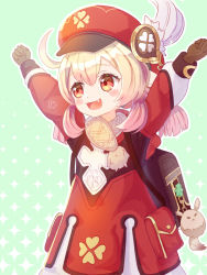 Rule 34 | 1girl, :d, ahoge, arms up, blush stickers, brown gloves, brown scarf, clenched hands, clover print, coat, commentary request, dodoco (genshin impact), genshin impact, gloves, hair between eyes, hat feather, hat ornament, highres, klee (genshin impact), light brown hair, long hair, looking away, low twintails, open mouth, orange eyes, outstretched arms, pointy ears, red coat, scarf, shikinexion, sidelocks, simple background, smile, solo, spread arms, twintails
