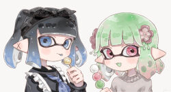 Rule 34 | 2girls, :d, artist name, bandana, black bandana, black hair, blue hair, blue neckerchief, blue tongue, blush, candy, closed mouth, colored tongue, dango, ear blush, earrings, flower, food, gradient hair, green hair, hair flower, hair ornament, hand up, highres, holding, holding candy, holding food, holding lollipop, inkling, inkling girl, inkling player character, jewelry, lollipop, long sleeves, multicolored hair, multiple earrings, multiple girls, neckerchief, nintendo, open mouth, pink eyes, pink flower, pink hair, plum0o0, pointy ears, sanshoku dango, short hair, signature, simple background, smile, splatoon (series), suction cups, tentacle hair, tongue, tongue out, twintails, two-tone hair, wagashi, white background