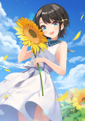 Rule 34 | 1girl, :d, aqua eyes, black hair, blue sky, blurry, blush, bow, cloud, cloudy sky, commentary request, cowboy shot, dated, day, depth of field, dress, flower, hair ornament, happy birthday, highres, hololive, looking at viewer, motion blur, oozora subaru, open mouth, shigure ui, short hair, sky, sleeveless, sleeveless dress, smile, solo, sunflower, virtual youtuber, waist bow, white dress