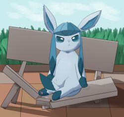 animal_focus blue_eyes blue_hair bright_pupils broken chair closed_mouth creatures_(company) frown game_freak gen_4_pokemon glaceon grass highres looking_up nintendo no_humans outdoors pawpads pokemon pokemon_(creature) sidelocks sitting solo tail tl_peng white_pupils