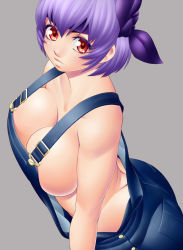 Rule 34 | 1girl, alternate costume, ayane (doa), bow, breasts, cleavage, dead or alive, dimples of venus, headband, highres, huge breasts, large breasts, masato (mk), naked overalls, no bra, no panties, overalls, purple hair, red eyes, short hair, sideboob, solo, suspenders, tecmo