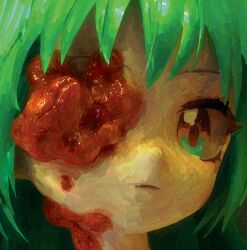Rule 34 | 1girl, body horror, close-up, closed mouth, commentary, cropped, english commentary, flesh, green hair, highres, looking at viewer, mutation, original, portrait, solo, ufoshock