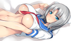 Rule 34 | 1girl, :o, blue eyes, blue sailor collar, blush, bottomless, bow, breasts, collarbone, commentary request, grey bow, grey hair, hair bow, highres, kageira, large breasts, looking at viewer, lying, medium hair, navel, neckerchief, on back, parted bangs, red neckerchief, sailor collar, senran kagura, solo, stomach, underboob, yumi (senran kagura)