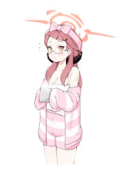 Rule 34 | 1girl, absurdres, alternate costume, aru (blue archive), blue archive, blush, bow hairband, breasts, camisole, cleavage, collarbone, cropped legs, cup, demon horns, fur jacket, glasses, hairband, halo, highres, holding, holding cup, horns, jacket, komasi, looking at viewer, medium breasts, mug, multicolored clothes, multicolored jacket, notice lines, pink hair, pink hairband, semi-rimless eyewear, shorts, sideways glance, simple background, single bare shoulder, sleeves past fingers, sleeves past wrists, solo, striped clothes, striped jacket, striped shorts, two-tone jacket, two-tone shorts, under-rim eyewear, white background, white camisole
