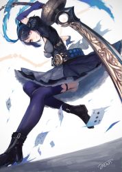 Rule 34 | alice (sinoalice), ass, black gloves, black hair, black thighhighs, breasts, card, elbow gloves, gloves, highres, holding, holding sword, holding weapon, looking at viewer, panties, playing card, purple eyes, rean (r ean), sinoalice, solo, sword, thighhighs, underwear, weapon, white panties