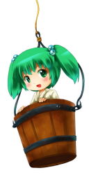 Rule 34 | 1girl, blush, bucket, chibi, female focus, green eyes, green hair, hair bobbles, hair ornament, in bucket, in container, japanese clothes, kisume, michii yuuki, simple background, solo, touhou, twintails, white background
