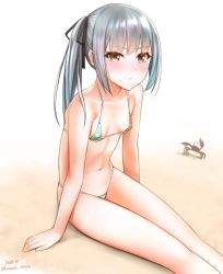 Rule 34 | 1girl, alternate costume, areola slip, arm support, arms at sides, bare arms, bare legs, barefoot, bikini, blunt bangs, blush, breasts, brown eyes, cleavage, collarbone, commentary request, contemporary, covered erect nipples, crab, dated, halterneck, kantai collection, kanzaki muyu, kasumi (kancolle), long hair, looking at viewer, micro bikini, multicolored bikini, multicolored clothes, navel, sand, side ponytail, signature, silver hair, sitting, small breasts, solo, stomach, striped bikini, striped clothes, swimsuit