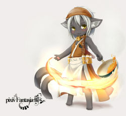 Rule 34 | 1girl, :3, animal ears, animal hands, barefoot, bell, blush, cat ears, cat tail, collar, cooking, fire, food, frying pan, furry, furry female, hat, kagerofu, knife, looking at viewer, neck bell, pixiv fantasia, simple background, solo, standing, tail, white hair, yellow eyes