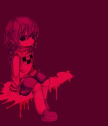 Rule 34 | 1girl, arm support, black sclera, braid, colored sclera, hair between eyes, kneehighs, kumauwo, looking at viewer, madotsuki, mary janes, monochrome, multiple monochrome, red background, red eyes, red theme, shoes, simple background, sitting, skirt, socks, solo, splatter, tareme, twin braids, yume nikki