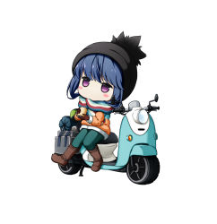 Rule 34 | 1girl, blue hair, blush stickers, boots, can, drink, gloves, hat, highres, jacket, jitome, kuena, motor vehicle, no mouth, purple eyes, scarf, scooter, shima rin, sitting, solo, white background, winter clothes, yurucamp