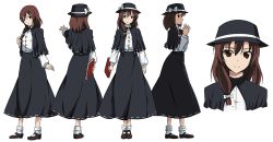 Rule 34 | 1girl, black hat, black skirt, book, bow, brown eyes, brown hair, buttons, capelet, character sheet, closed mouth, dress shirt, expressionless, eyebrows, female focus, from behind, from side, full body, hair between eyes, hair bow, hat, hat bow, holding, holding book, interlocked fingers, karaori, long sleeves, looking at viewer, mary janes, matching hair/eyes, multiple views, neko (yanshoujie), own hands together, profile, puffy long sleeves, puffy sleeves, ribbon-trimmed skirt, ribbon trim, shirt, shoes, sidelocks, simple background, skirt, smile, standing, the sealed esoteric history, touhou, turnaround, usami renko, white background, white bow, white legwear, white shirt