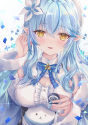 Rule 34 | 1girl, absurdres, blue bow, blue bowtie, blue coat, blue hair, blue nails, blush, bottle, bow, bowtie, braid, breasts, center frills, choko (cup), coat, commentary request, cup, daifuku (yukihana lamy), flower, frills, fur-trimmed coat, fur trim, hair between eyes, hair flower, hair ornament, half updo, hat, highres, holding, holding cup, hololive, kebaboishii, large breasts, long hair, looking at viewer, multicolored hair, nail polish, off shoulder, open clothes, open coat, parted lips, pointy ears, shirt, sleeveless, sleeveless shirt, smile, solo, streaked hair, upper body, virtual youtuber, white flower, white hat, white shirt, yellow eyes, yukihana lamy