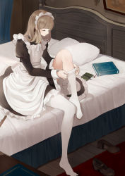 Rule 34 | 1girl, absurdres, apron, bed, black dress, book, brown footwear, brown hair, closed eyes, closed mouth, comb, commentary request, curtains, dress, dressing, frilled dress, frills, highres, indoors, juliet sleeves, knee up, light particles, long hair, long sleeves, maid, maid apron, maid headdress, mary janes, original, picture frame, pillow, puffy sleeves, shii (kairi-t-k0317), shoes, unworn shoes, sidelocks, sitting, solo, thighhighs, white apron, white thighhighs