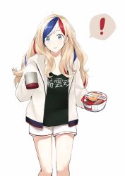 Rule 34 | !, 1girl, alternate costume, alternate hairstyle, black shirt, blonde hair, blue hair, clothes writing, commandant teste (kancolle), commentary request, cowboy shot, cup, cup ramen, donbee (food), donbei tempura soba, hair down, highres, hood, hooded jacket, hoodie, instant soba, jacket, kantai collection, long hair, morinaga miki, mug, multicolored hair, nissin donbei, open clothes, open jacket, red hair, shirt, shorts, simple background, solo, spoken exclamation mark, standing, streaked hair, translation request, unworn clothes, wavy hair, white background, white hair, white jacket