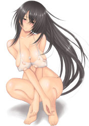 Rule 34 | 1girl, barefoot, bikini, black hair, breasts, brown eyes, female focus, head tilt, huge breasts, long hair, muffin (sirumeria), original, simple background, solo, squatting, swimsuit, toenails, toes, torn clothes, white background