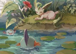 Rule 34 | :d, ^ ^, bright pupils, brown eyes, closed eyes, creatures (company), day, floette, floette (red flower), game freak, gen 2 pokemon, gen 3 pokemon, gen 4 pokemon, gen 6 pokemon, grass, highres, leafeon, lily pad, lying, marshtomp, natsuha770, nintendo, no humans, on stomach, open mouth, outdoors, pokemon, pokemon (creature), smile, twitter username, water, watermark, wooper