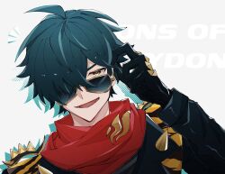 1boy adjusting_eyewear ahoge bandana bandana_around_neck black_gloves black_jacket blue-tinted_eyewear blue_hair commentary_request crossed_bangs drop_shadow gloves grey_background grey_eyes hair_over_one_eye hand_up highres jacket jifu_(gifu_7) lighter_(zenless_zone_zero) long_sleeves looking_over_eyewear lower_teeth_only male_focus multicolored_hair notice_lines one_eye_covered open_mouth parted_bangs red_bandana red_pupils short_hair simple_background smile solo spikes streaked_hair sunglasses teeth tinted_eyewear upper_body yellow-framed_eyewear zenless_zone_zero