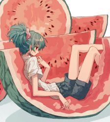 Rule 34 | 1girl, feet out of frame, food, from side, fruit, green hair, grey shorts, hair ornament, hair scrunchie, highres, in food, ka (marukogedago), mini person, minigirl, original, parted lips, ponytail, reclining, red eyes, scrunchie, shirt, short sleeves, shorts, solo, striped clothes, striped shirt, sweat, watermelon, watermelon seeds, white shirt