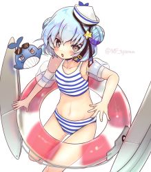 Rule 34 | 1girl, 1other, bikini, black ribbon, blue hair, dixie cup hat, double bun, eyewear on head, feet out of frame, flat chest, hair bun, hat, hat ribbon, highres, inflatable armbands, innertube, kantai collection, leaning forward, little blue whale (kancolle), looking at viewer, machinery, military hat, navy cross, open mouth, ribbon, samuel b. roberts (kancolle), short hair, simple background, striped bikini, striped clothes, swim ring, swimsuit, toyama hinata, twitter username, whale, white background, white headwear, yellow eyes