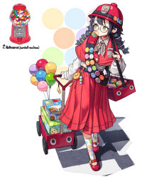 Rule 34 | 1girl, bag, balloon, box, blowing bubbles, candy, chewing gum, earrings, food, full body, glasses, green eyes, gumball, gumball machine, highres, jewelry, long sleeves, multi-tied hair, original, personification, pleated skirt, polka dot socks, red footwear, red headwear, red skirt, rinotuna, sash, scout movement, shirt, shirt tucked in, shoes, shoulder bag, skirt, socks, solo, standing, twintails, v-shaped eyebrows, wagon, white shirt