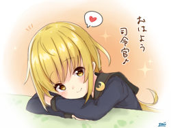 Rule 34 | 1girl, arm rest, black sailor collar, blonde hair, blush, crescent, head rest, heart, kantai collection, long hair, looking at viewer, low twintails, open mouth, sailor collar, satsuki (kancolle), satsuki kai ni (kancolle), school uniform, serafuku, signature, simple background, smile, solo, sou (soutennkouchi), spoken heart, translated, twintails, upper body