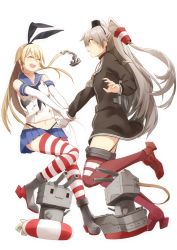 Rule 34 | 10s, 2girls, :d, ^ ^, amatsukaze (kancolle), bad id, bad pixiv id, blonde hair, blue skirt, boots, brown dress, brown eyes, closed eyes, dress, gloves, grey footwear, grey hair, happy, holding another&#039;s wrist, kantai collection, long hair, long sleeves, multiple girls, navel, open mouth, panda (pandadesu), red legwear, rensouhou-chan, rensouhou-kun, sailor, sailor dress, shimakaze (kancolle), shirt, shoes, short dress, skirt, smile, striped clothes, striped legwear, striped thighhighs, thighhighs, twintails, two side up, white background, white gloves, white shirt, zettai ryouiki