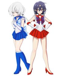 Rule 34 | 10s, 2girls, bishoujo senshi sailor moon, black hair, blue choker, blue footwear, blue sailor collar, blue skirt, boots, bow, choker, cosplay, elbow gloves, full body, gloves, hair between eyes, hair ornament, hands on own hips, high heels, konno junko, long hair, low twintails, magical girl, mizuno ai, multiple girls, pirochi, purple bow, red bow, red choker, red eyes, red sailor collar, sailor collar, sailor mars, sailor mars (cosplay), sailor mercury, sailor mercury (cosplay), sailor senshi uniform, short hair, simple background, skirt, standing, twintails, white background, white gloves, zombie land saga