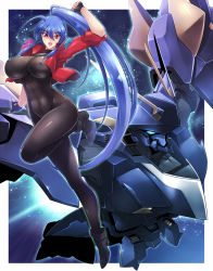 Rule 34 | 1girl, ahoge, ankle boots, arm up, blue hair, bodysuit, boots, breasts, clenched hand, covered erect nipples, covered navel, dated, female focus, fingerless gloves, from side, full body, gloves, glowing, haganef, hair between eyes, happy, high heel boots, high heels, high ponytail, holding, huge breasts, impossible bodysuit, impossible clothes, jacket, leg up, long hair, looking at viewer, mecha, open clothes, open jacket, open mouth, original, ponytail, red eyes, robot, shiny clothes, shizune(original), sidelocks, skin tight, sky, sleeves rolled up, smile, solo, space, star (sky), starry sky, thrusters, turtleneck, very long hair